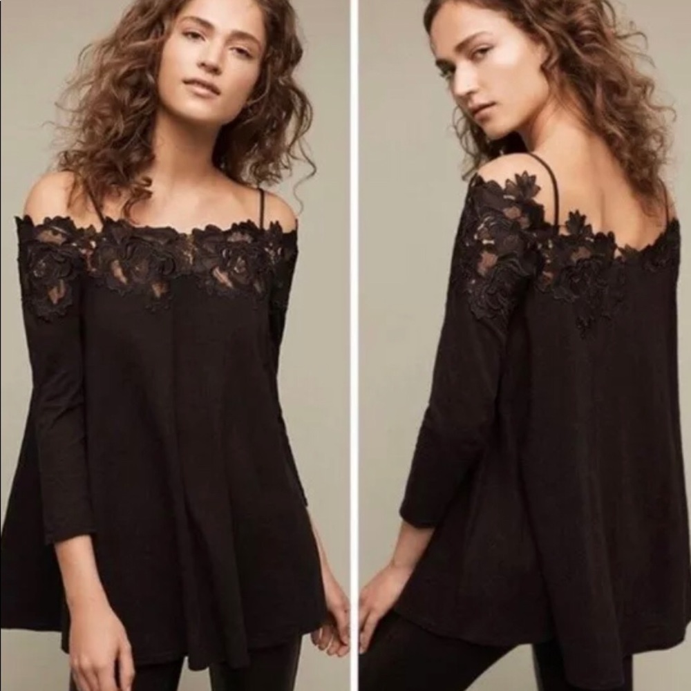Anthro Meadow Rue black off shoulder lace top